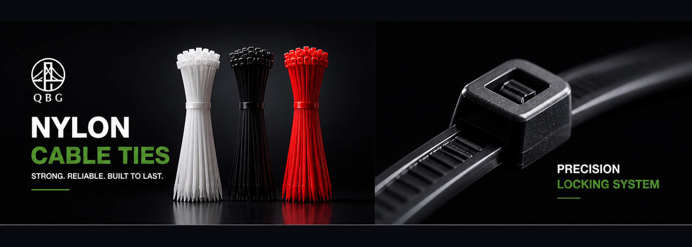 Nylon cable ties in white, black, and red with precision locking close-up