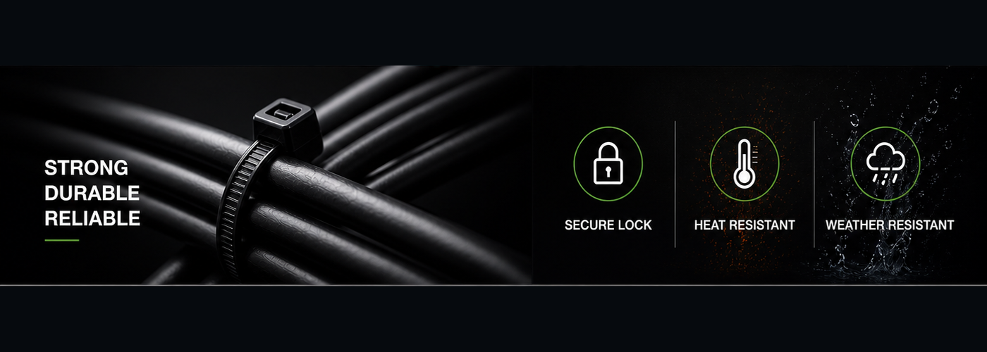 Cable ties securing cables with secure lock, heat resistance, and weather resistance highlights